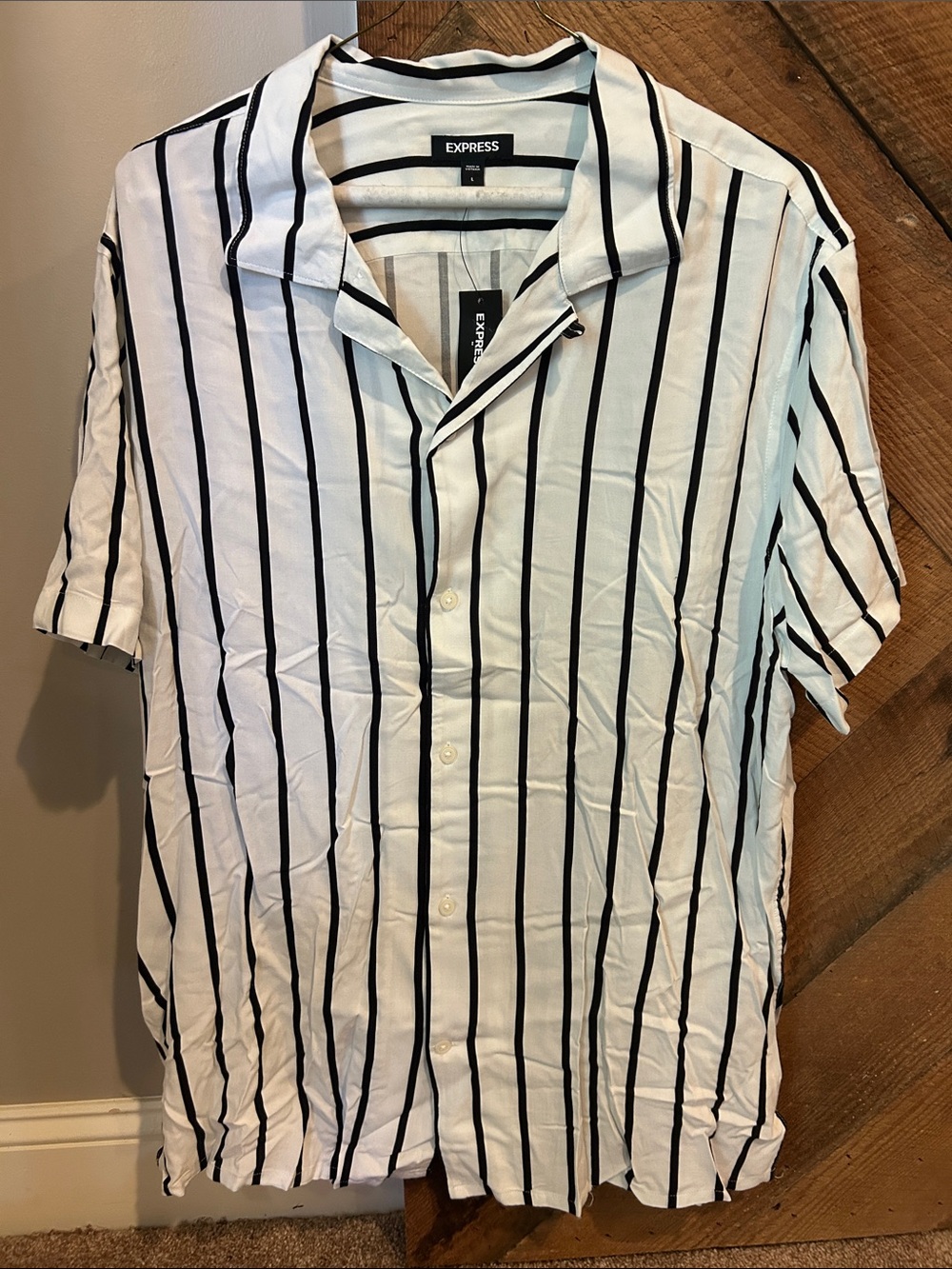 Express Men’s White Shirt with Black Vertical Stripes